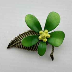 Green Yellow Enamel Flower Shaped Brooch Pin with Leaf Design, Metal Accent